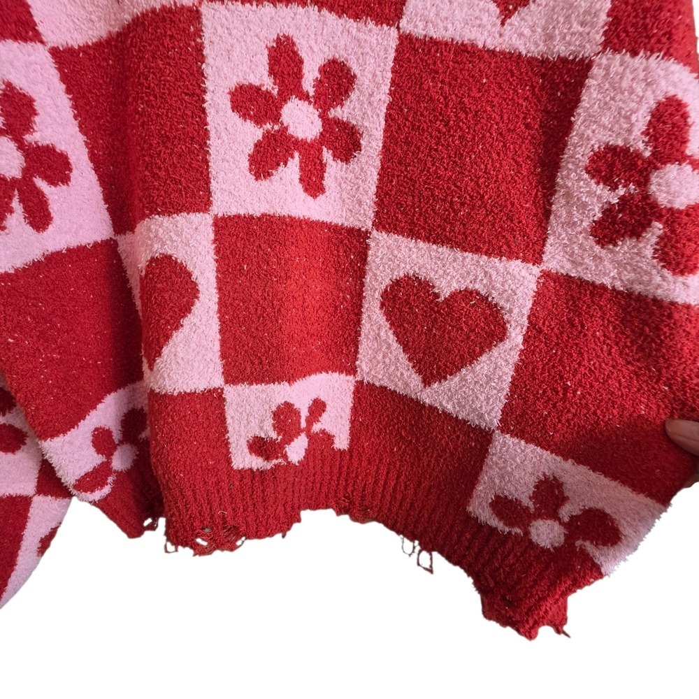 POL Heart & Floral Checkered V-Neck Sweater Medium Coquette - Picture 7 of 14